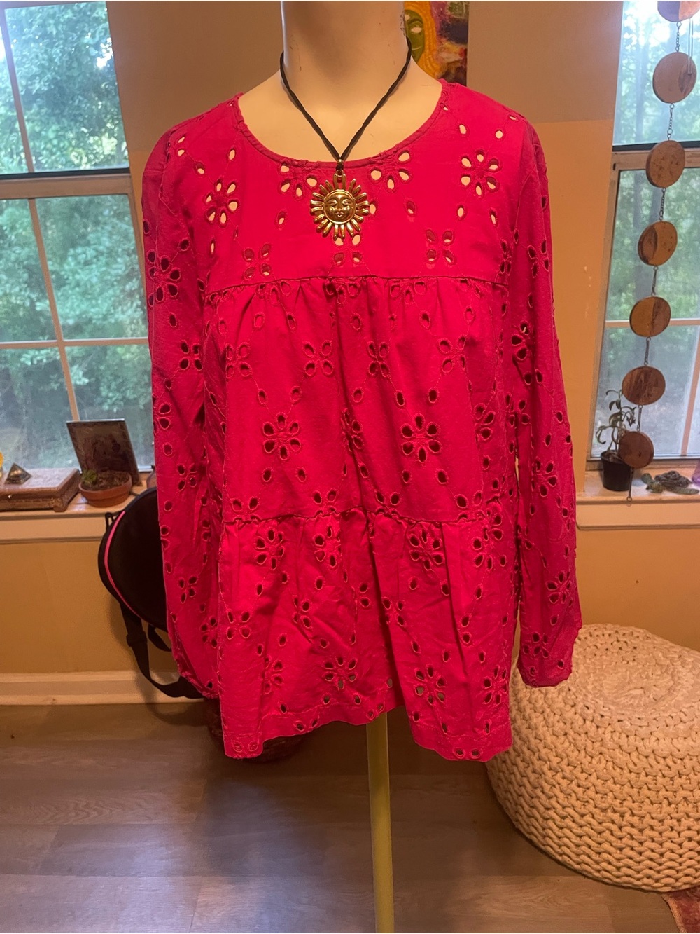 J. Crew Hot Pink Eyelet Long-Sleeve Blouse